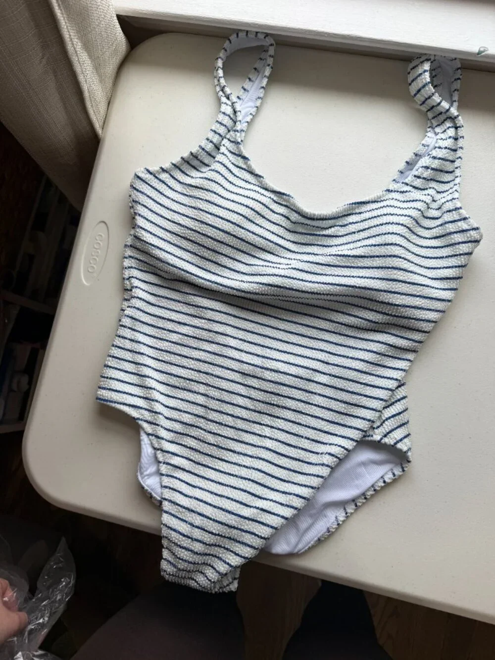 🏷 *NWT* J.Crew Scrunchie One Piece Swimsuit White Blue Stripe Size 14 🌊
